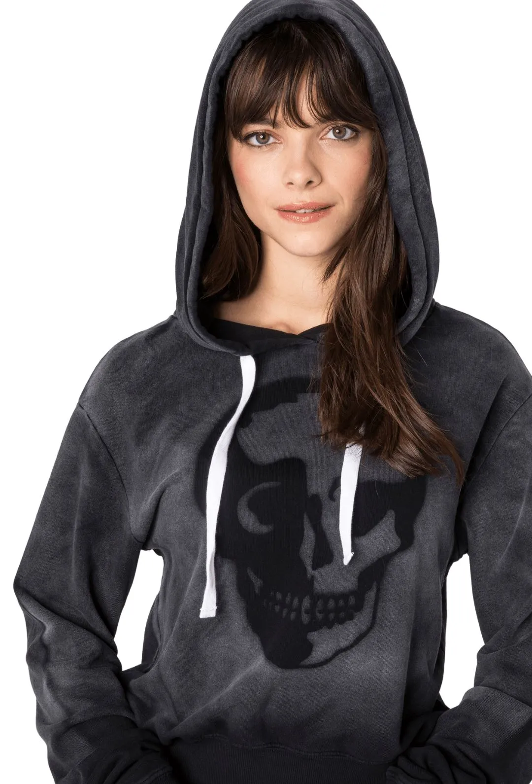CHRLDR Stencil Skull Crop Pullover Hoodie - Black
