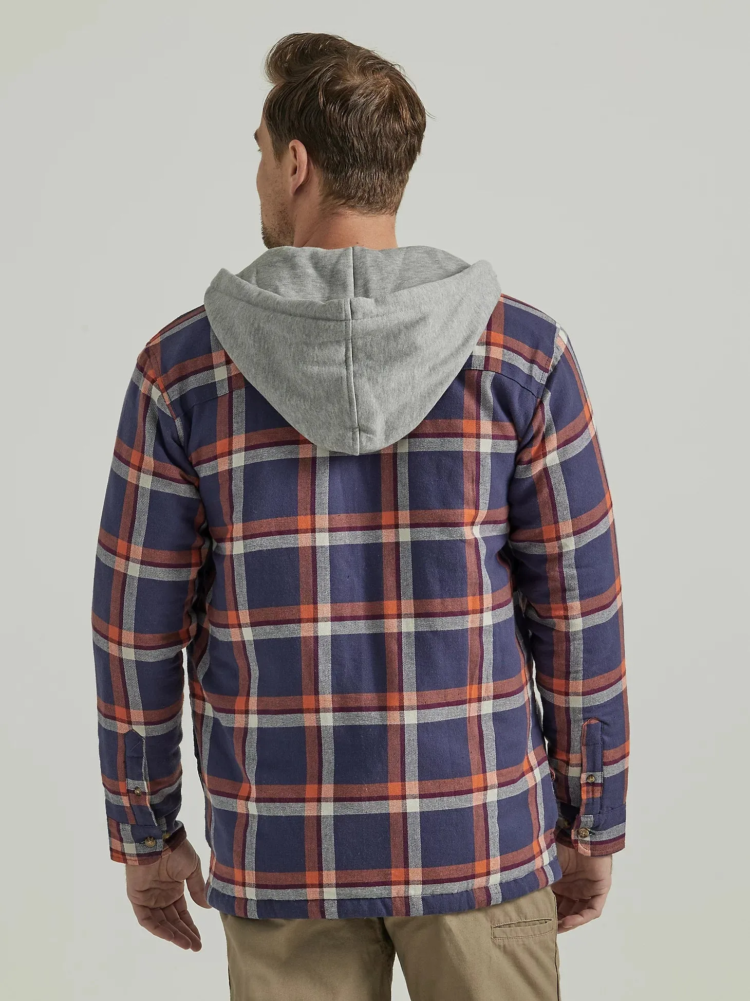 WRANGLER® RIGGS WORKWEAR® LONG SLEEVE HOODED FLANNEL WORK JACKET IN NAVY ORANGE